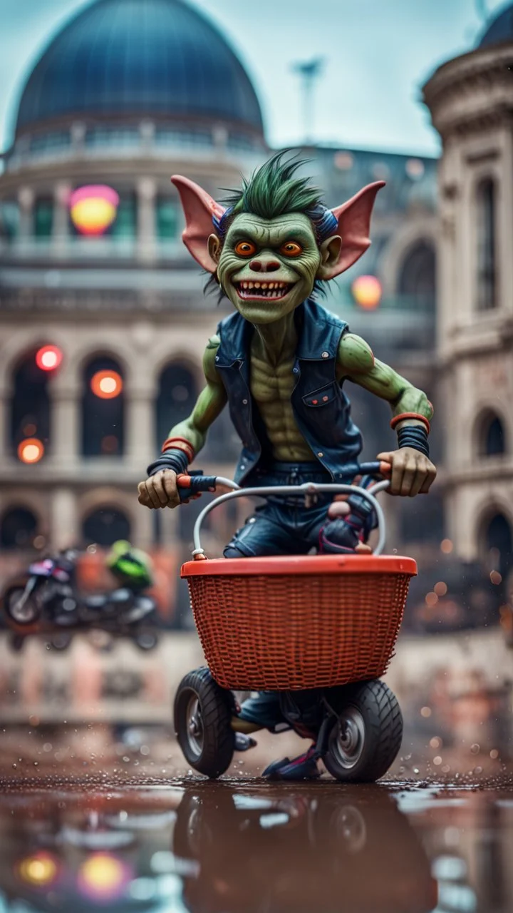 full figure portrait of a giant dunking basket player vampire werewolf goblin gremlin in moped car on wet soil in front of dome court, in the style of Gorillaz,bokeh like f/0.8, tilt-shift lens 8k, high detail, smooth render, down-light, unreal engine, prize winning