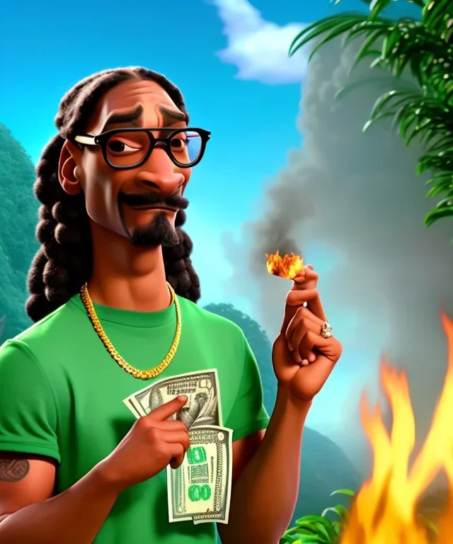 Snoop Dogg, cigar with dollars burning, jungle background, hyper realistic
