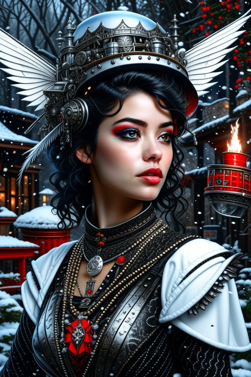 photorealism, downlight, Magic camping site, beautiful angel, ornate dress uniform, casting spell water snow fly, black wavy hair, enchanted fantasy, cinematic composition, very detailed red machine components, one camera lens eye and shiny black hair, hazel green eyes, 24k, ornate, intricate, complex, digital painting, smooth, art by royo and tom bagshaw.