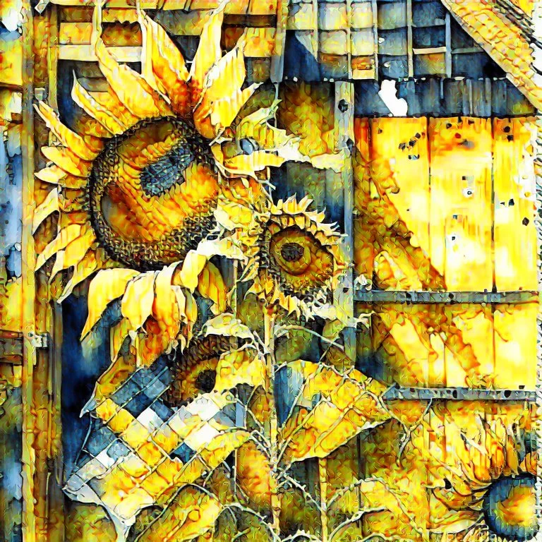 Watercolor patchwork painting of beautiful sunflowers growing against my wooden shed, greens, browns and yellow and orange, no signature no watermark, Patchwork by Meghan Duncanson and Jennifer Lommers and Didier Lourenço Modifiers: beautiful high detail fantastic view colourful watercolor patchwork alcohol ink Speedpaint