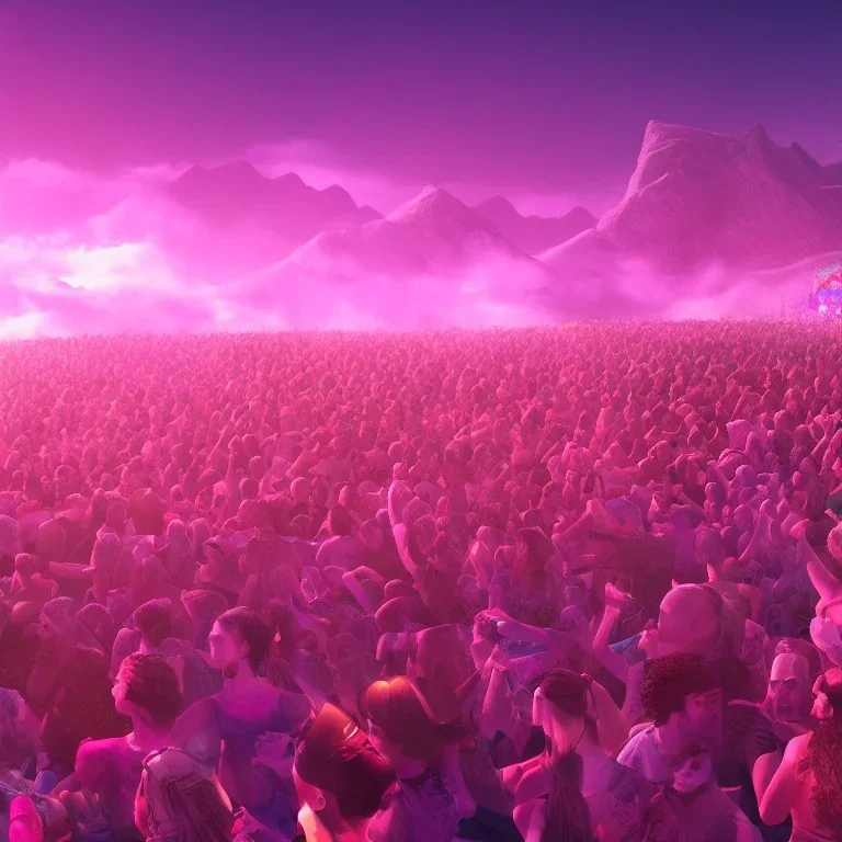 GIANT DANCE PARTY, FESTIVAL IN THE MOUNTAINS, MUSIC FESTIVAL, CROWD, cinematic lighting, 4k, 8k, octane render, digital concept art, extremely detailed, ambient lighting, PINK