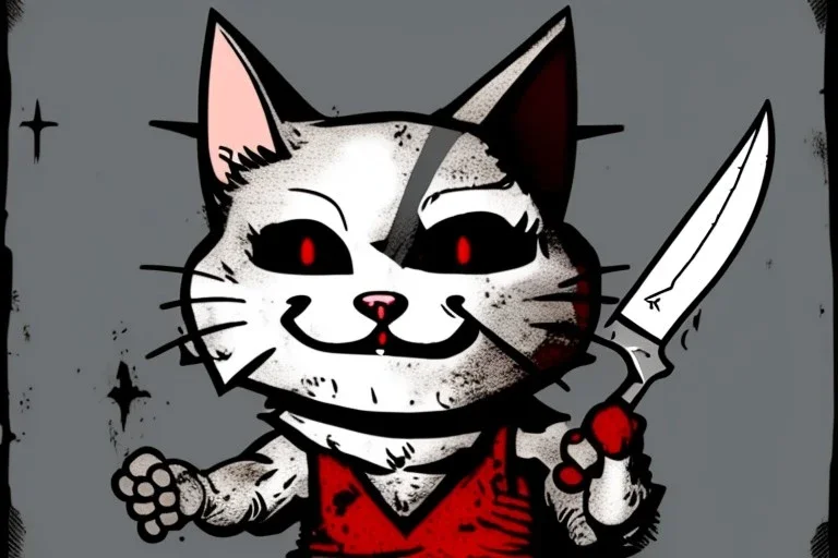 Cat diabolical smiling with a bloody knife with blood. Comic style