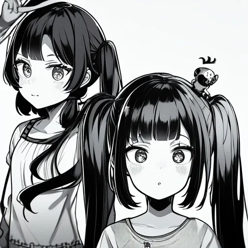 Clear focus, High resolution, rough line art, cute, cartoon, one side is a fluff cut, one side does not have hair but it does have one piece of hair that is medium length and sharp, both sides have medium length sharp locks on each side of her head, long twintails, smooth twintails, black hair, 1girl, (solo), grey eyes