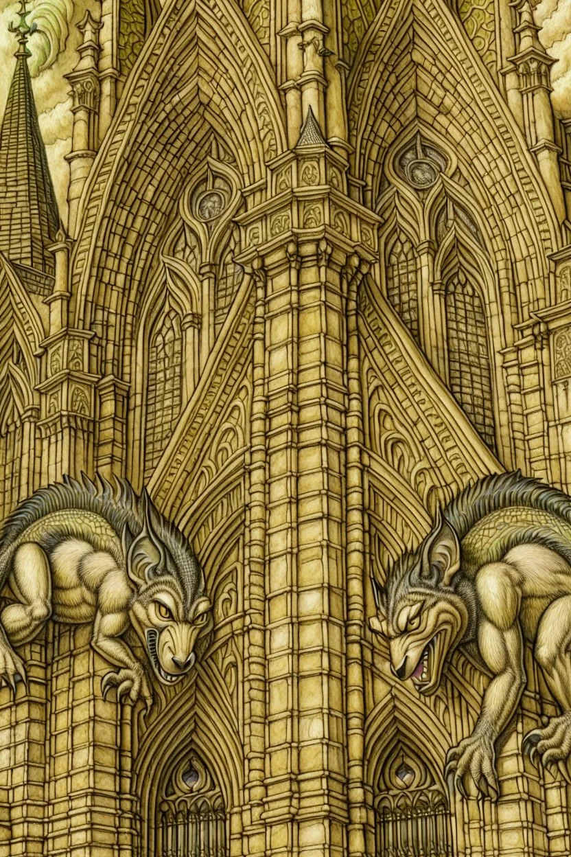 Gargoyles Promt: Art Nouveau Gothic Hyper realistic intricate oil paint detailed pencil sketched Notre Dame gargoyles in the style of Escher, a resin painter