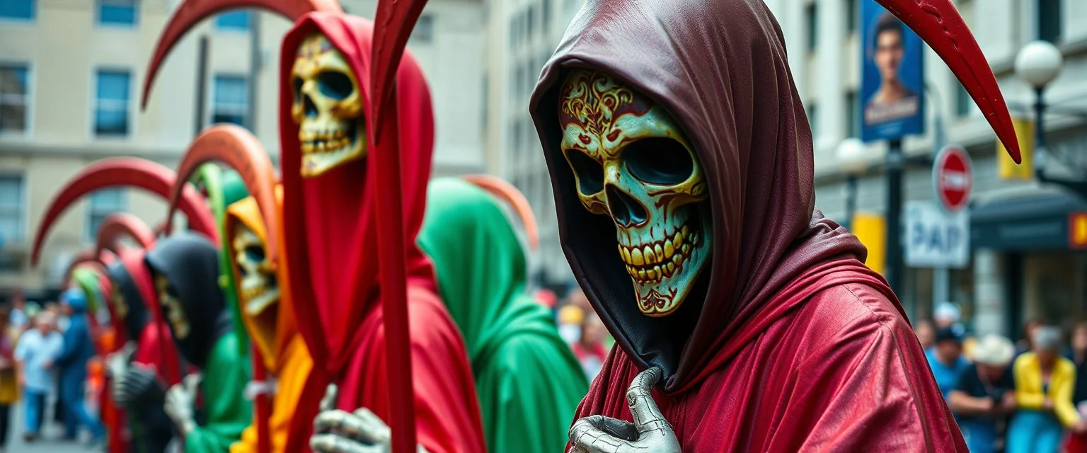 multi colored, bright, vivid, psychedelic, high detailed, high gloss, insanely detailed, matte, horrorcore, lining the street, unsettling contrast, monument to death, live action shot grim reaper parade