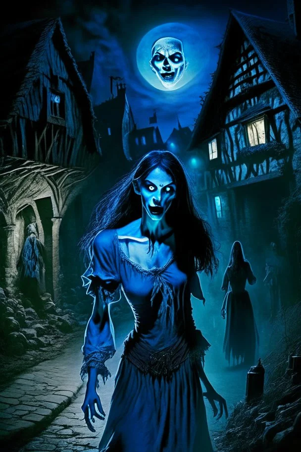 a very thin male glowing blue ghost werewolf lurks through a medieval village at night, looming over a woman with dark hair and pale skin. The woman s wearing goth make-up and is dressed in dark fairy clothing.