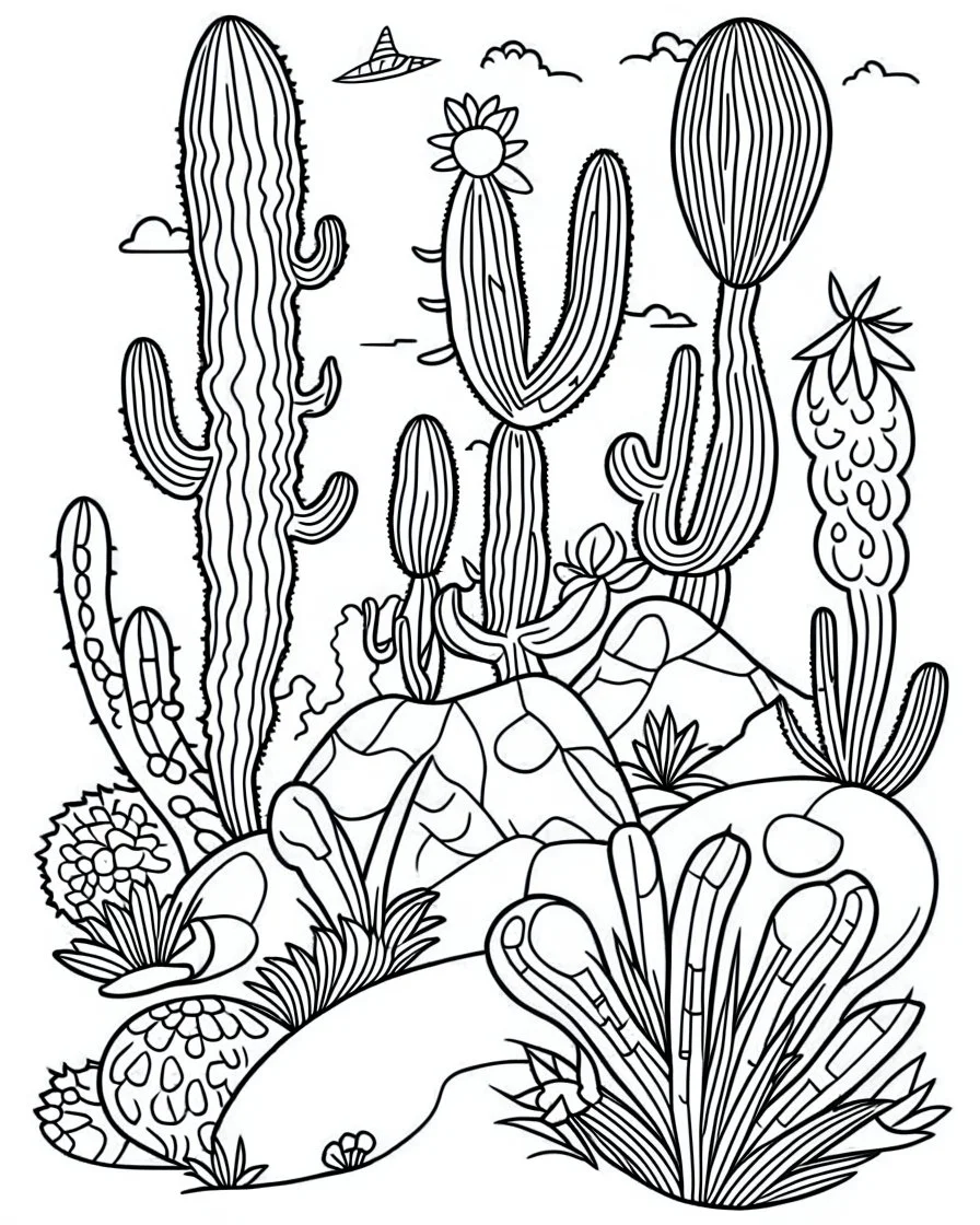 outline art for stoners coloring pages with A very simple and super minimal design featuring A psychedelic desert oasis with cacti shaped like giant buds, white background, sketch style, fully body, only use outline, cartoon style, clean line art, white background, no shadows and clear and well outlined