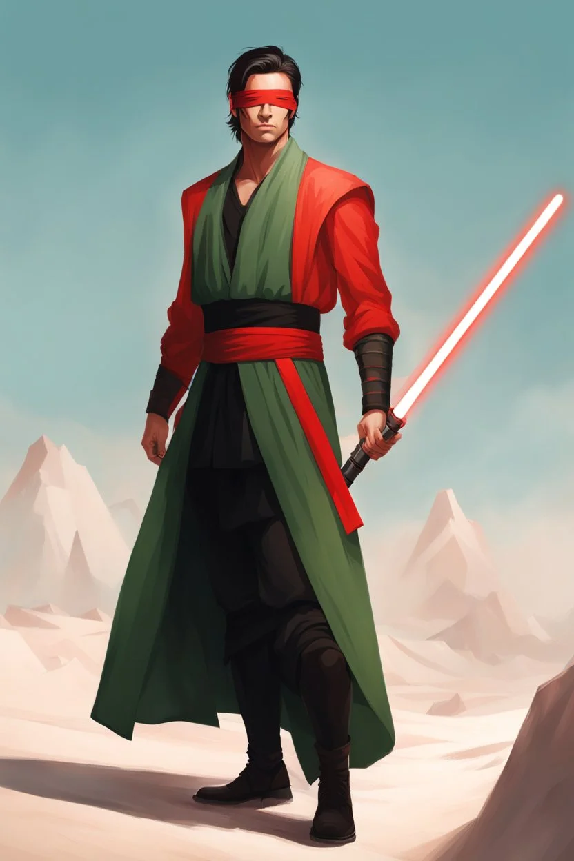 Red Blindfold, Male Tan Human, Very Long HairLong Black Hair, Peaceful pose, Red Crossgaurd Lightsaber