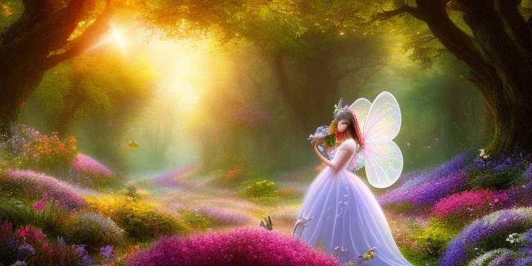 bright fairy, beautiful portrait, flowery landscape