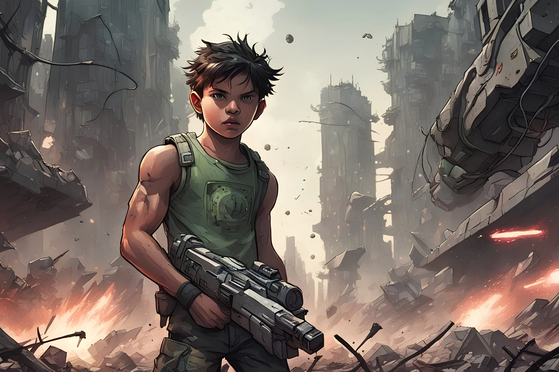 Comic Book Art Style, portrait shot, a younh boy in tank tops, rugged and determined, with futuristic laser guns in hand. They're locked in an intense battle against monstrous, tendril-sprouting floating blobs in a post-apocalyptic cityscape. The destroyed buildings and debris add to the chaos and destruction of the scene.