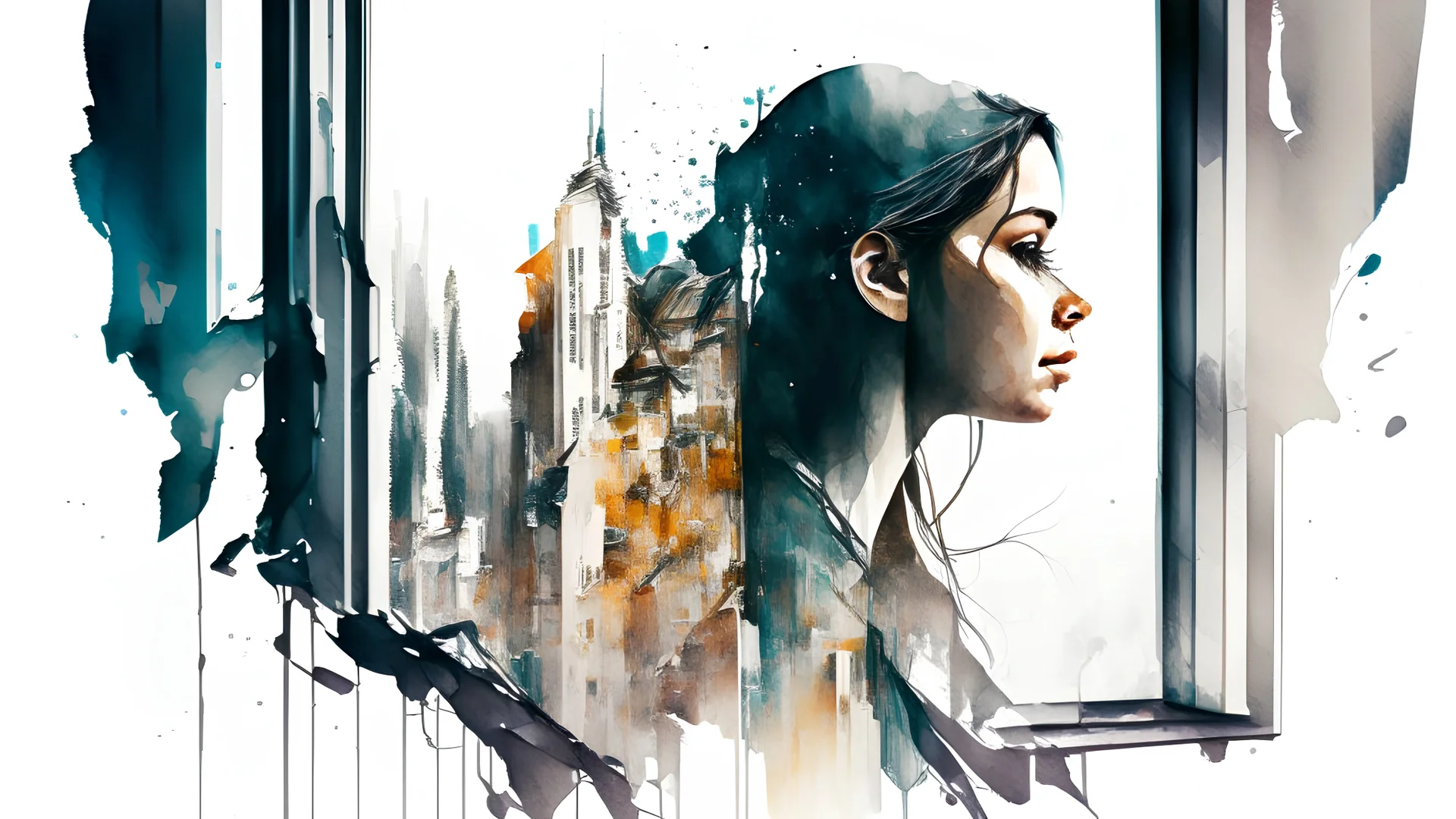 white background, Double exposure, woman, city, window, room, highly detailed, fine rendering, high detail, high resolution, 8K, Double exposure, abstract, illustration, gouache, detailed painting