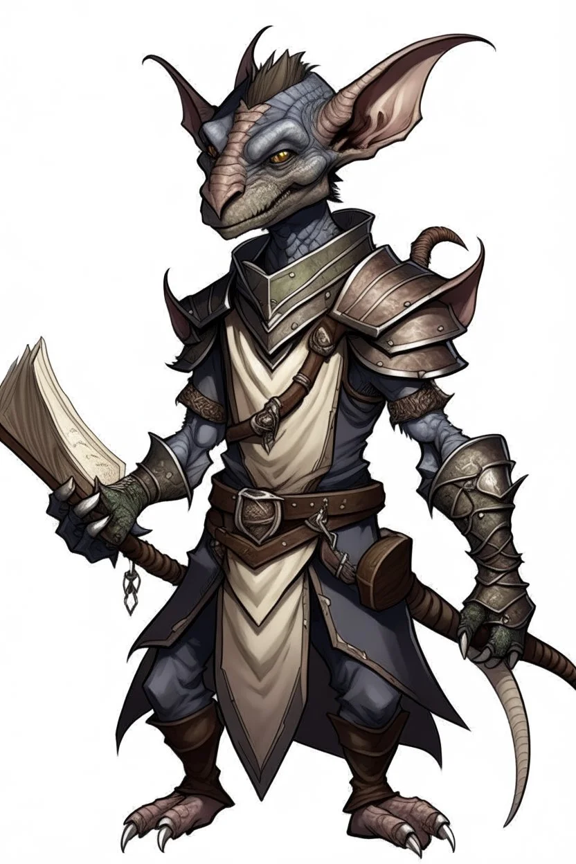 Kobold from dnd, horns, grey diamond - shaped scales, magic book, leather armor