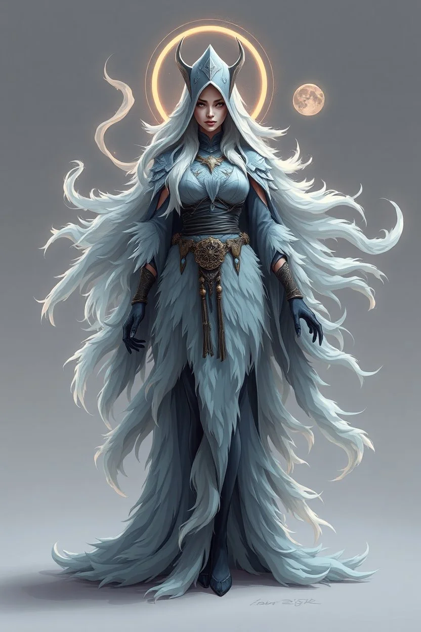 good low poly priest woman with long fur all over her entire body and aura swirl