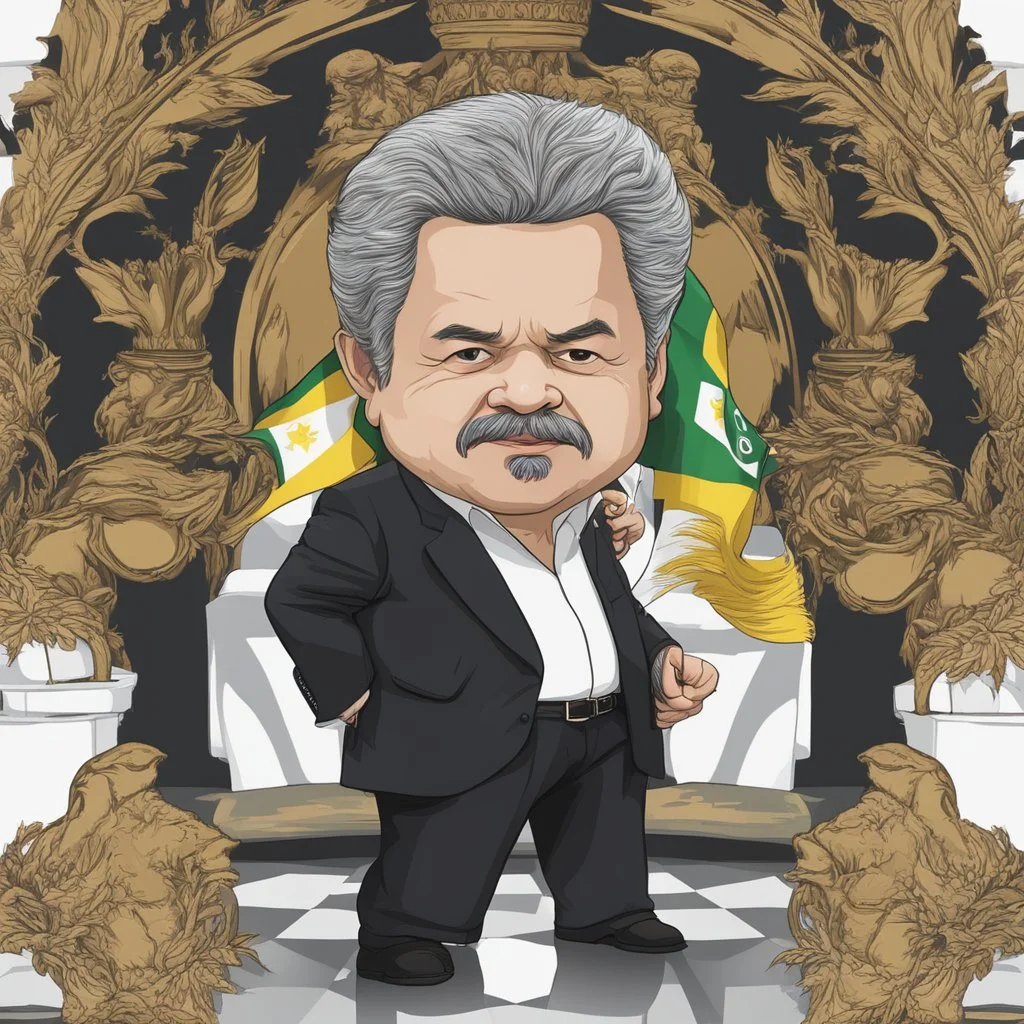 Retrato chibi gráfica vectorial full body de Luis Ignacio Lula da Silva presidente de Brasil, serio, calidad ultra, hiperdetallado, color blanco, y negro, full body