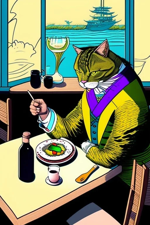 Cat, sitting at a table, eating sushi,perfect iris, ink and pencil, style Tintin