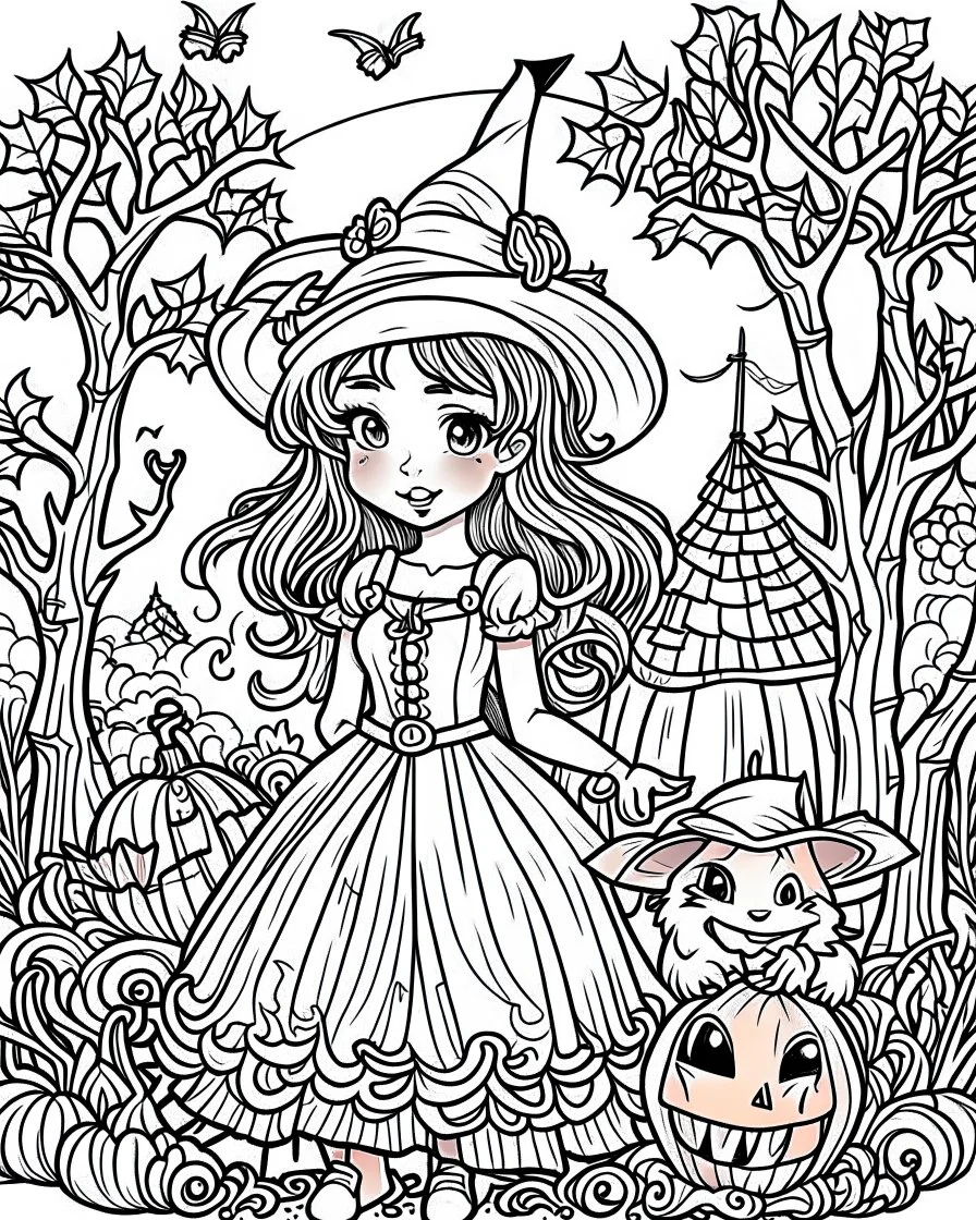 a cute halloween fairy tales illustration, 4k resolution, cartoon-sticker style with clear lines on a pure white background suitable for a children's coloring book.