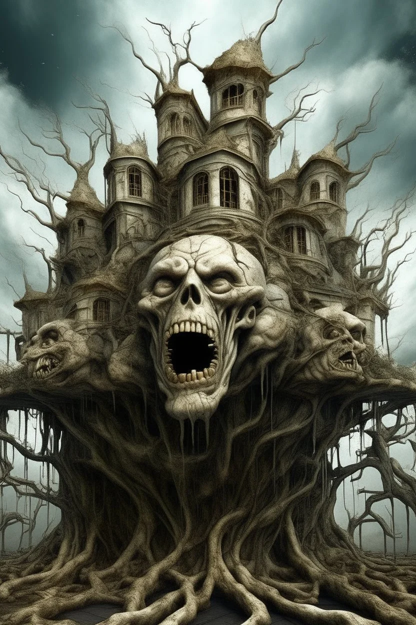surrealis monochrome A fragmented, surreal sculpture liguid color of photorealistic image 3d,psychedelic art of an castle glossy emerging from dreamlike a crumbling building. The face appears pale with deep cracks and intricate details, evoking a haunting expression. Blackened tree branches intertwine with the gold mengkilat cracks, set against a backdrop of stormy, cloud-filled skies. bauhaus art The overall tone is dark and moody, suggesting themes of decay and transformation.
