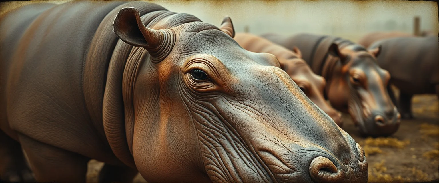 airbrush and pen outline, french art , extreme close up on hippo farm , pinhole cam, airbrush 3d rendering, in the style of Titian and Rembrandt , torn edges on border