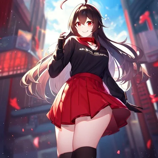 Clear focus,High resolution,High quality, Smiling, Black hoodie with a red collar, Wearing a red skirt, Wearing black long socks, Black Long hair with a ahoge, Red eyes, Wearing black gloves