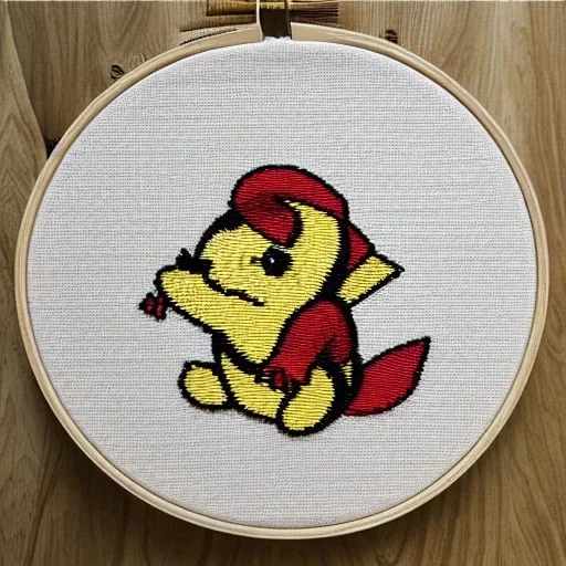 exquisite whimsical pikachu in embroidery hoop, intricate, highly detailed, linen and wood backdrop