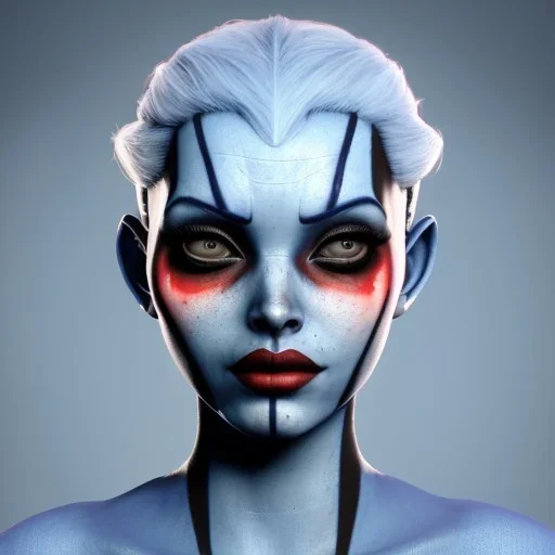 blue asari from mass effect , asari portrait, portrair, asari head, asari face, big eyes, smile, black lipstick and black eyliner and tatoo, mass effect, happy, 8k resolution, high-quality, fine-detail, fantasy, incredibly detailed, ultra high resolution, 8k, complex 3d render, cinema 4d