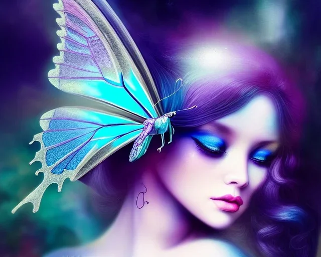 Beautiful mystical butterfly portrait, dark fantasy, romanticism, acrylic paint, chinese painting, magazine, highly detailed, ethereal, otherworldly, backlighting, rays of shimmering light, persian empire, artstation, silver, purple, black, teal, aqua, yellow, olive, vibrant, intricate,