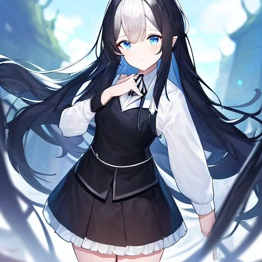 Clear focus, High resolution, Rough line, black medium length hair, long locks, sighing, hand on chin, wearing a black vest with a white tie, wearing a black skirt that connects to the black vest, white cut sleeves, black frills near shoulder, blue eyes