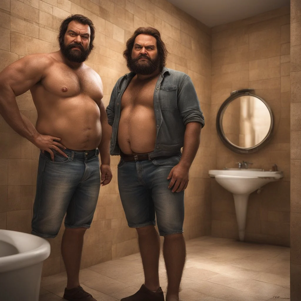 two ugly angry muscular chubby arabs 33 years old similar to bud spencer, very detailed, full figure shot, very realistic photography, dim light, view from below, tiled restroom, tattoo, masculine bearded, mature barely burly bearded muscled and robust, photorealistic, strong side light