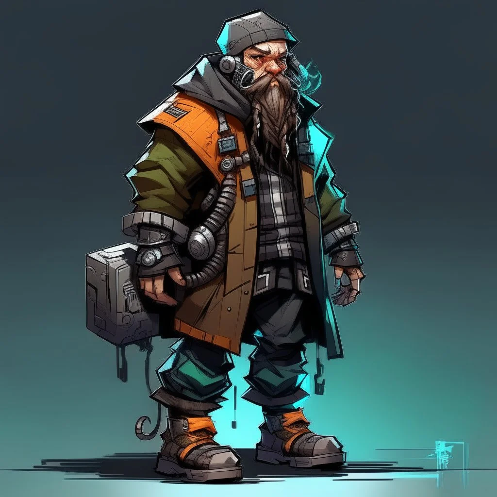 street vandal cyperpunk dwarf with cybernetic legs, dressed with a coat and beanie