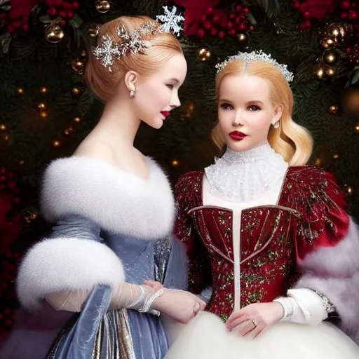 Dove cameron and teen robyn lively, meticulously detailed beautiful faces, meticulously detailed hair; christmas, snow, gothic, sparkles; ethereal fantasy. hues of christmas. hideo kojima. realistic oil painting. victorian era, glitter, snowflakes, holly, pinecones, old fashioned, vintage, antique, beautiful, renaissance, 16k