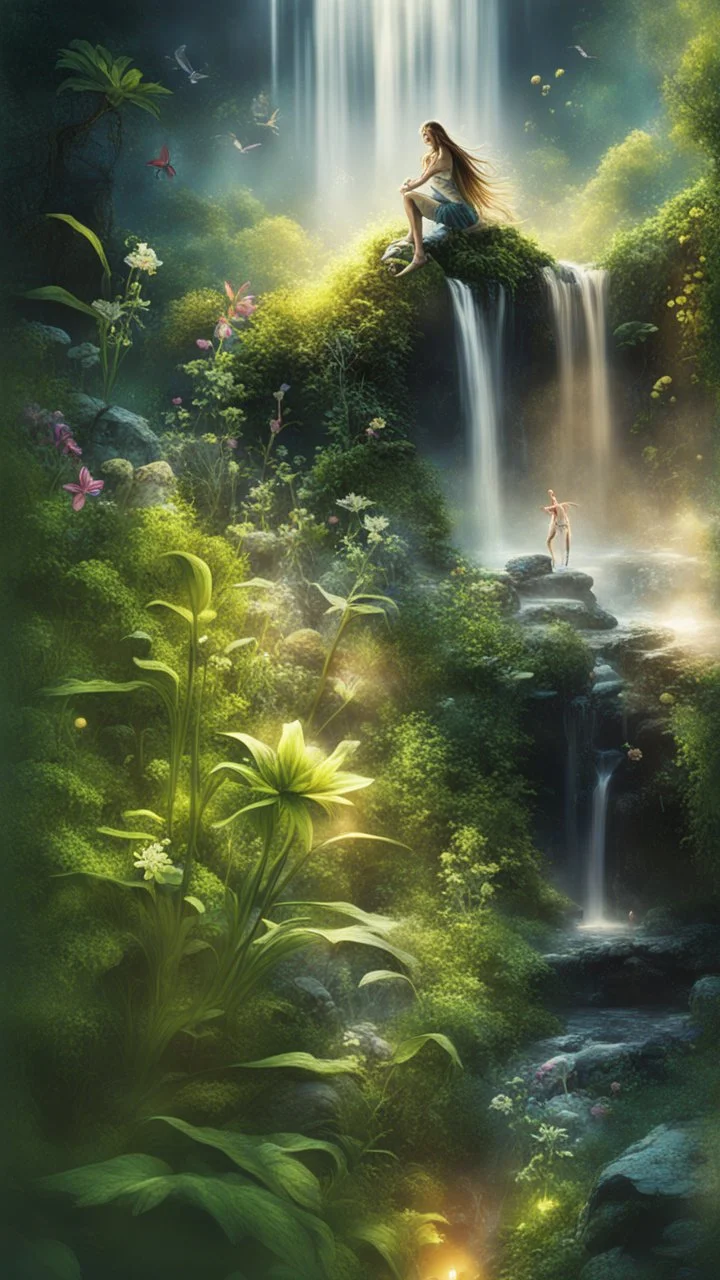 Alva in the garden, waterfall and elves ,lotsa wild weed, in spotlight, magazine cover illustration with spray paint, signed, bokeh like, down-light, unreal engine, prize winning