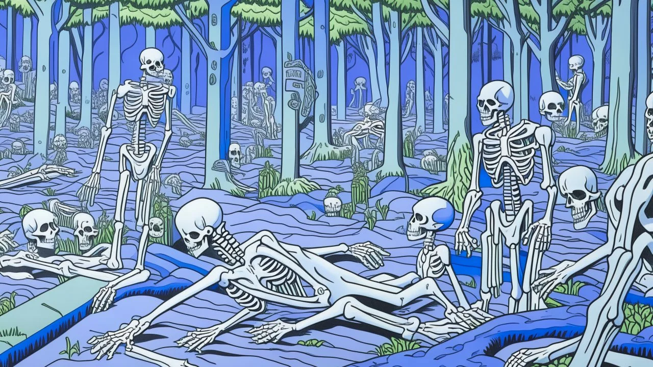 A pale periwinkle graveyard with telekinetic skeletons painted by Roy Lichtenstein