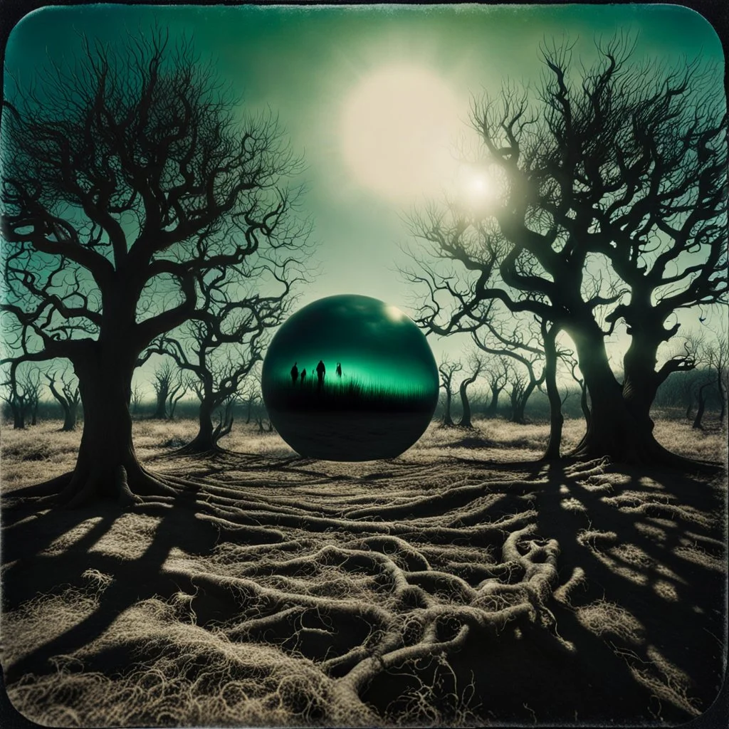 Close-up polaroid of a creepy surreal landscape, monsters, eerie, Max Ernst style, very surreal, trees, spooky, metaphysical objects, giant sun, intricate, thoughtful, appalling, deep 3d field, 8k, hypermaximalist