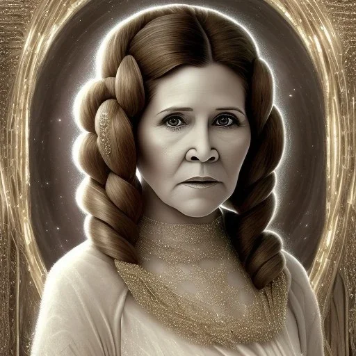 hyperspace background, complete and photo realistic detailed head to waist stunning photo realistic portrait of carrie fisher as Princess Leia in star wars with photo realistic wedding hairstyle by Mandy Jurgens and mucha and Richard Schmid and chuck close and chie yoshii, extraordinary and detailed ceremony dress of star wars,brown eyes