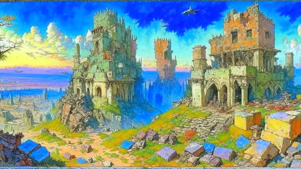 Destroyed City, medieval ruins, debris, stone, breched, brocken, Perspektiv from the sky, by Jean-Baptiste Monge, Ivan Bilibin, Albert Bierstadt, Reza Badrossama, watercolor, intricate details, fantasy, beautiful, oil on canvas, award winning, imperial colours, fantastic view, radient colours, very attractive, crisp quality