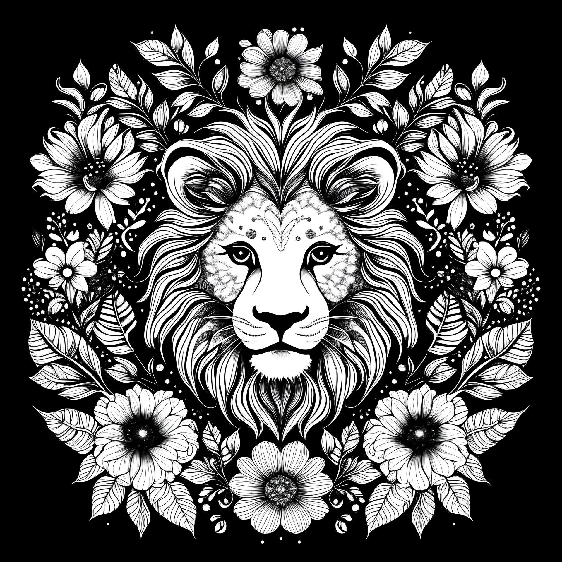 colorless cute lion between seeds and big flowers black background .black and white colors. for a coloring.