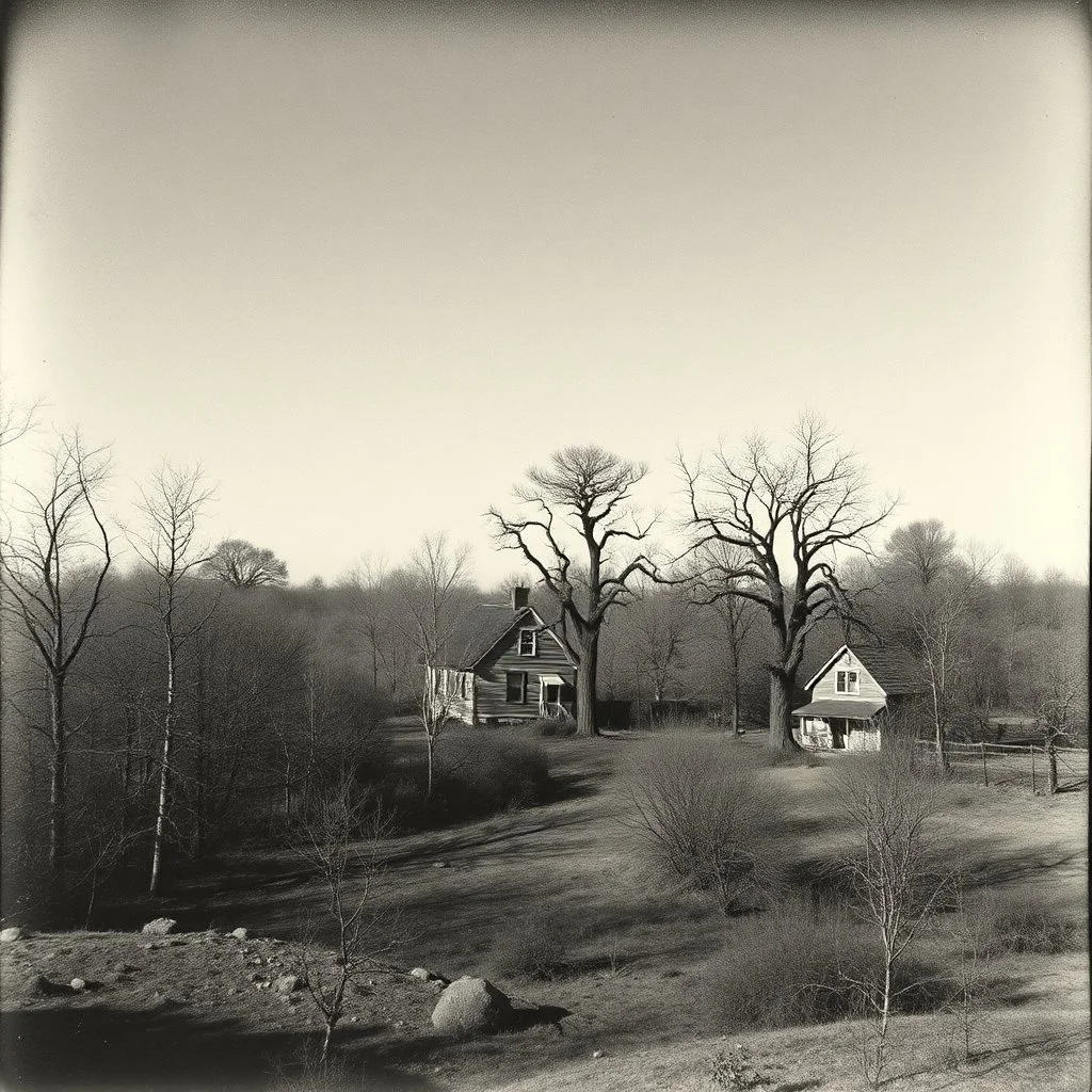 A landscape, odd black and white old photo, dystopic atmosphere, trees, some odd houses, George Grosz