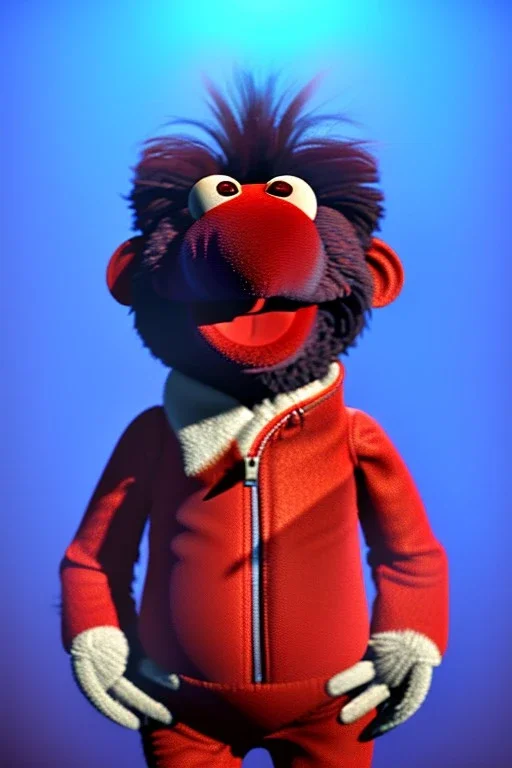 Waist up muppet Portrait, Nicolás maduro muppet doll, tracksuit red blue and yellow, mustache, photo studio, red background, unreal engine 5, concept art, art station, ray tracing, lumen lighting, ultra detail, volumetric lighting, 3d.