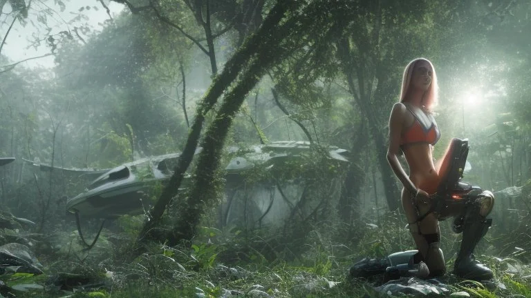 futuristic woman kneeling next to a large spaceship, fixing equipment, in a jungle clearing