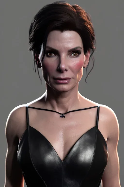 Sandra Bullock as evil queen in black leather gown, cleavage, angry, dominaneering, stern look unreal 5, octane render,cinema4d, dynamic lighting, dramatic lighting, 4k, redshift render, highly detailed, hyper realistic