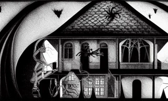 Wednesday Adams, scary dark room, spiders, Escher style