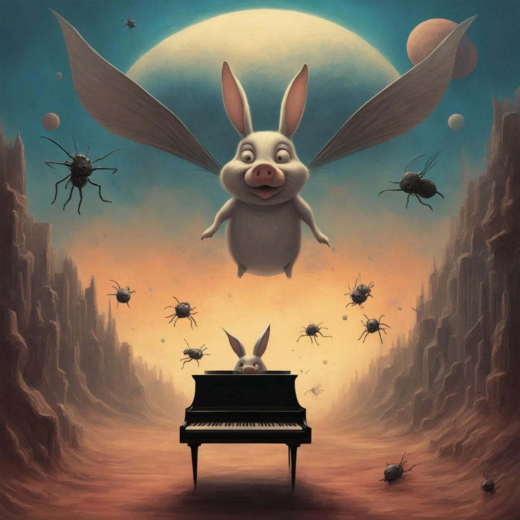 monochromatic black and white bugs bunny composer piano, diffrent planet, one swine pig piggy flying wasp angel, beksinski style daker theme