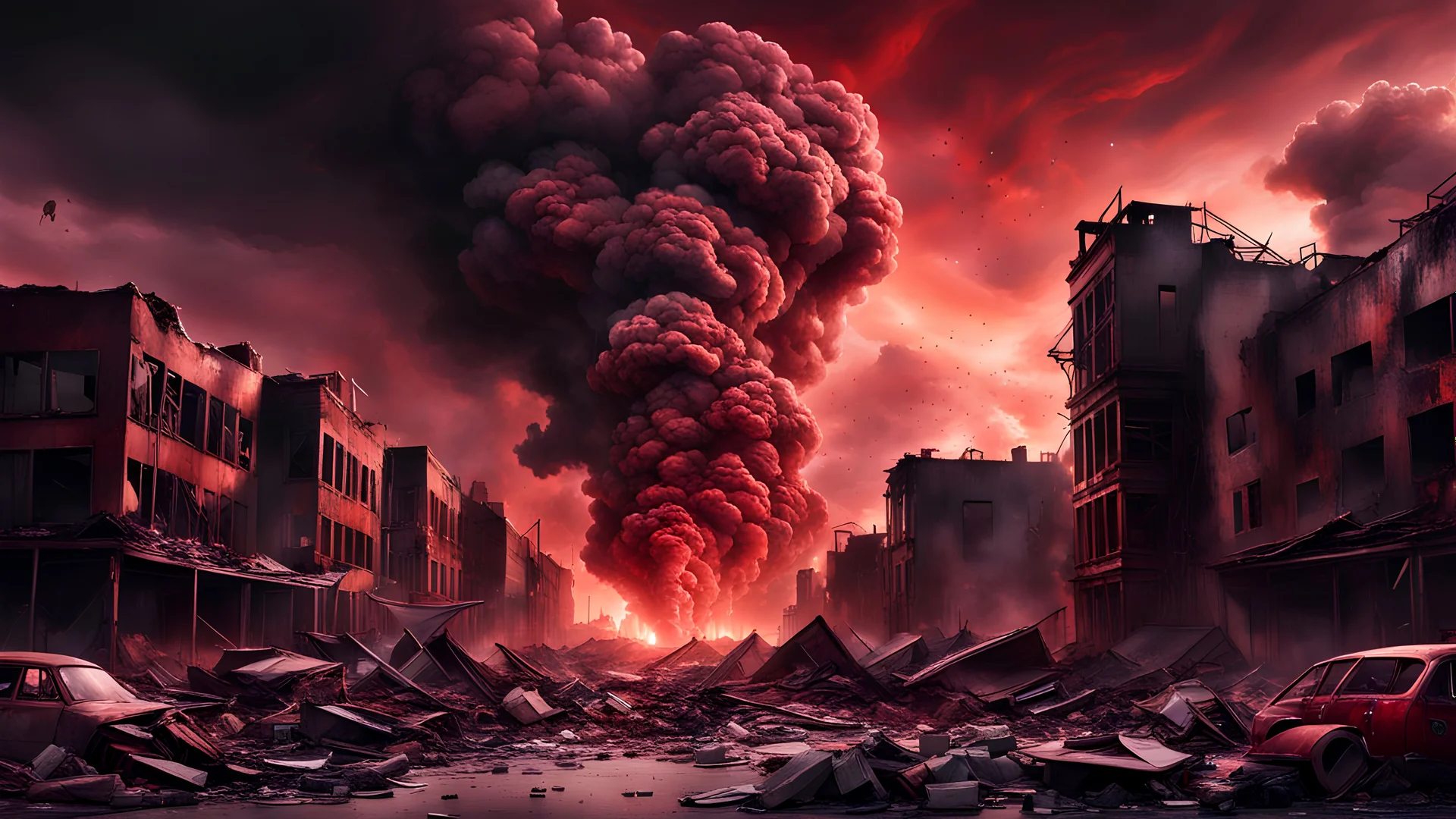 Hyper Realistic Apocalyptic Doomsday with Red & Maroon Sky with smoke, ashes, embers & destroyed buildings showing dramatic & cinematic ambiance.