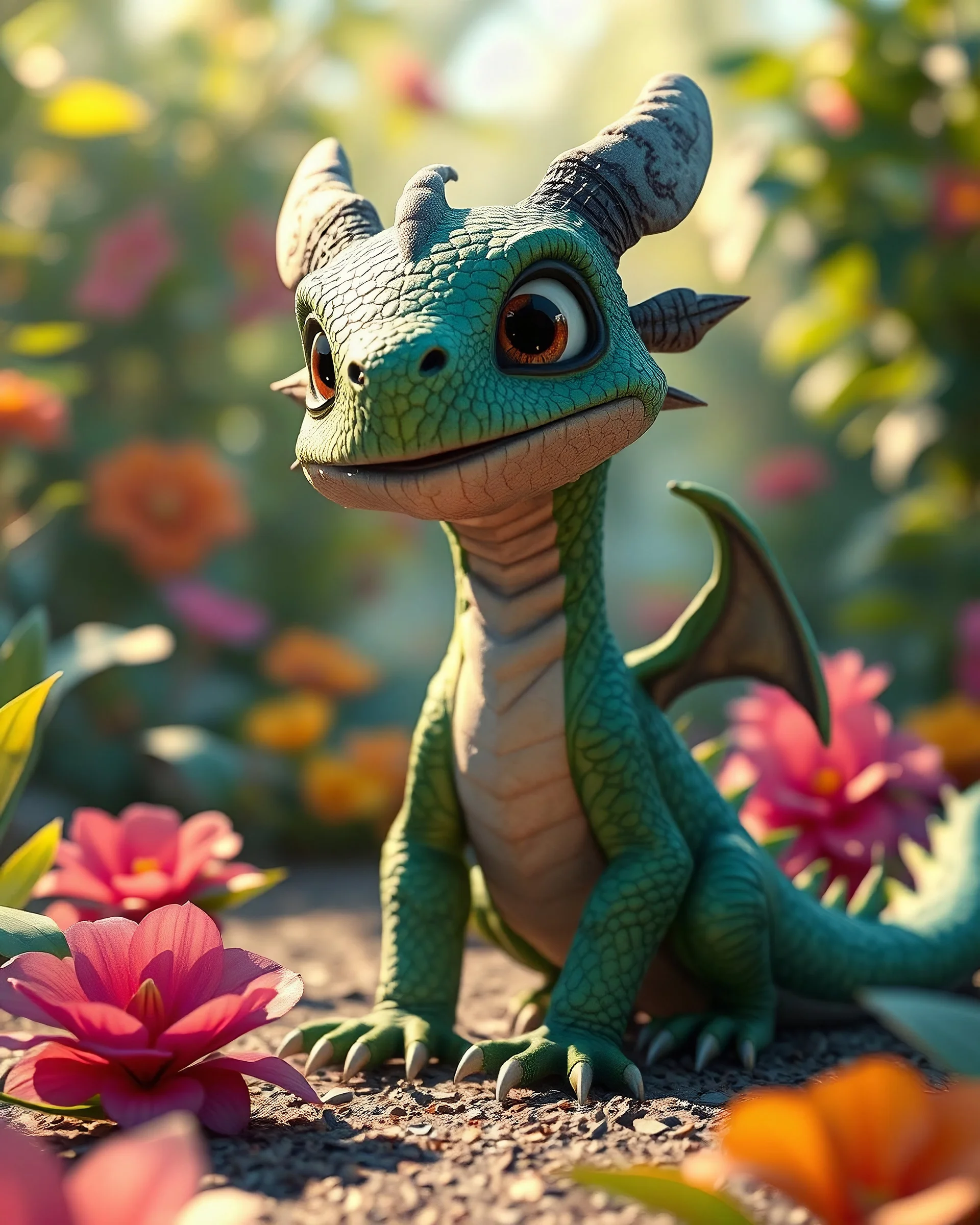 pixar style, volumetric summer garden environment and background, realistic painting of green poisonous baby dragon, looking excited, volumetric lighting, dramatic lighting, detailed digital painting, extreme dense and fine fur, anime, ornate, colour-washed colors, elegant, small minutiae, tiny features, particulars, centered, smooth, sharp focus, renderman gofur render, 8k, uhd, detailed eyes, realistic shaded volumetric lighting, sunlight caustics, backlight, centered camera view