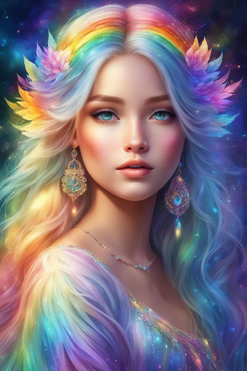 Adorable digital painting style. Pastel hues adorn her every trace, A rainbow girl with a shimmering embrace, Her eyes, glistening with dreams and grace, A vision of magic, lighting up any space. highly detailed, beautiful detailed digital art, beautiful artwork, pretty face, very beautiful fantasy art, beautiful fantasy painting, digital art, dream, high quality, 4k