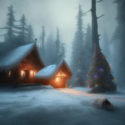 Mysterious christmas night, a small lonely hut, surreal atmosphere, cosmic backdrop, celestial ambience, soft lighting, very chilly appearance of the surroundings, unreal engine 5 volumetric lighting, intricate details, realistic style, 8k resolution