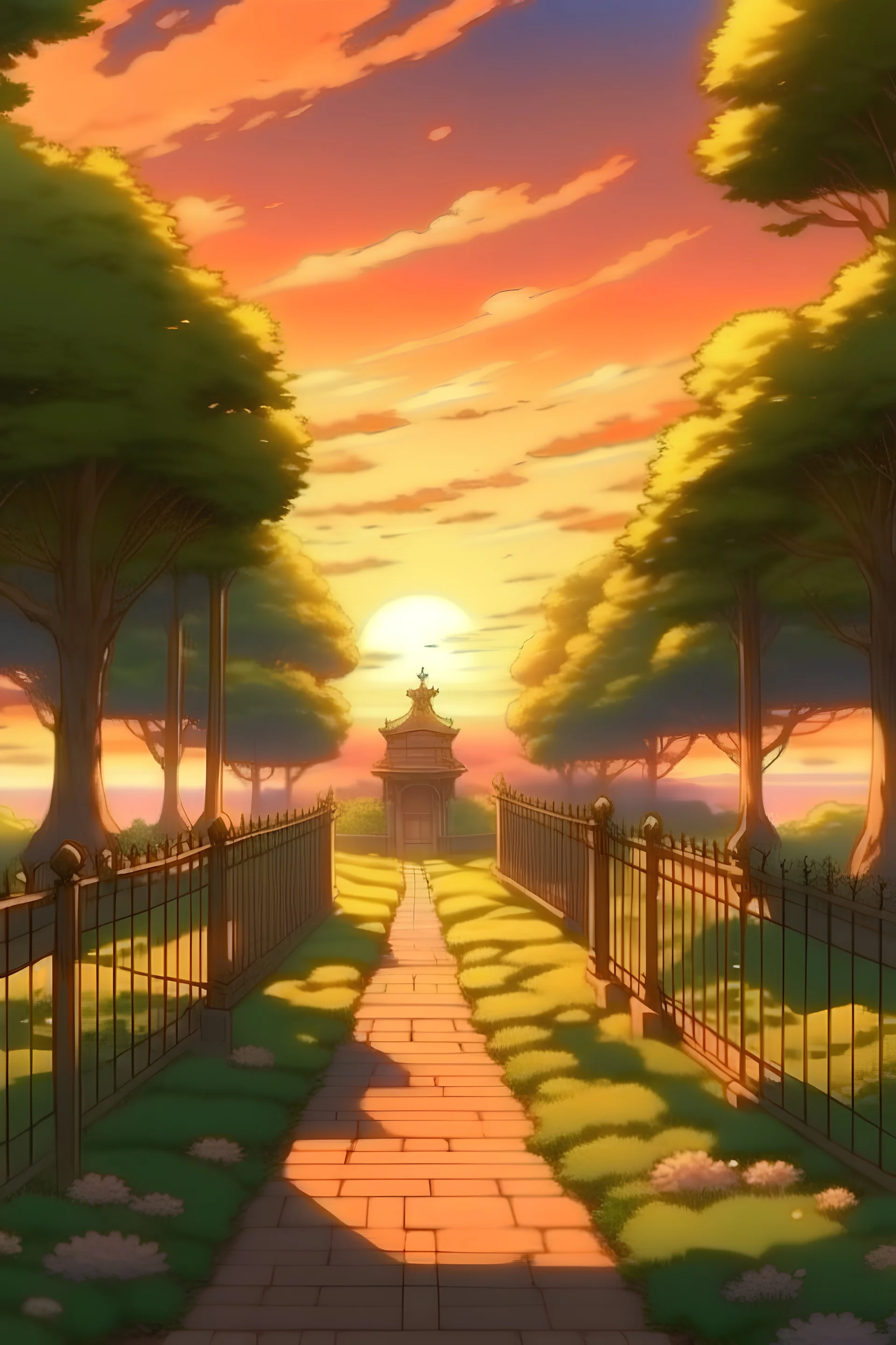 sunset anime royal garden with path without fence to forrest view towards forrest
