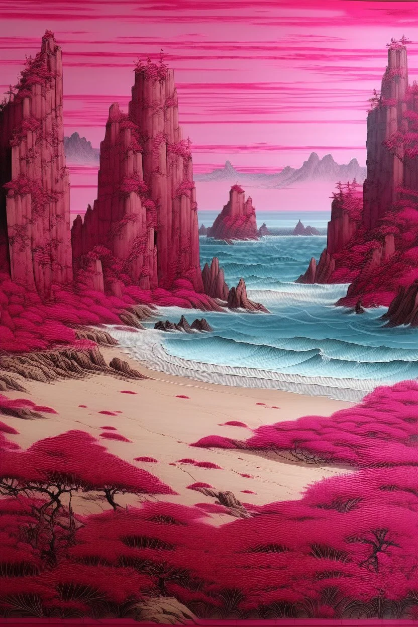 A magenta beach near cliffs designed in medieval tapestry painted by Qiu Ying