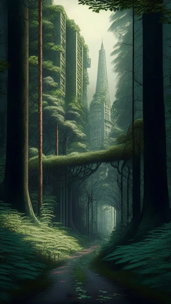 forest, buildings, pathway