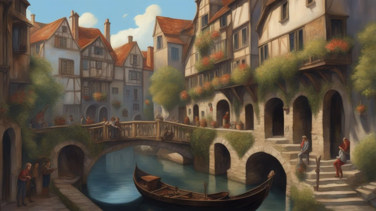 medieval buildings with balconies overhanging a canal, blue sky and people, photorealism, trees, foliage, piers, fantastical, intricate detail, concept art, people, ultra-sharp image